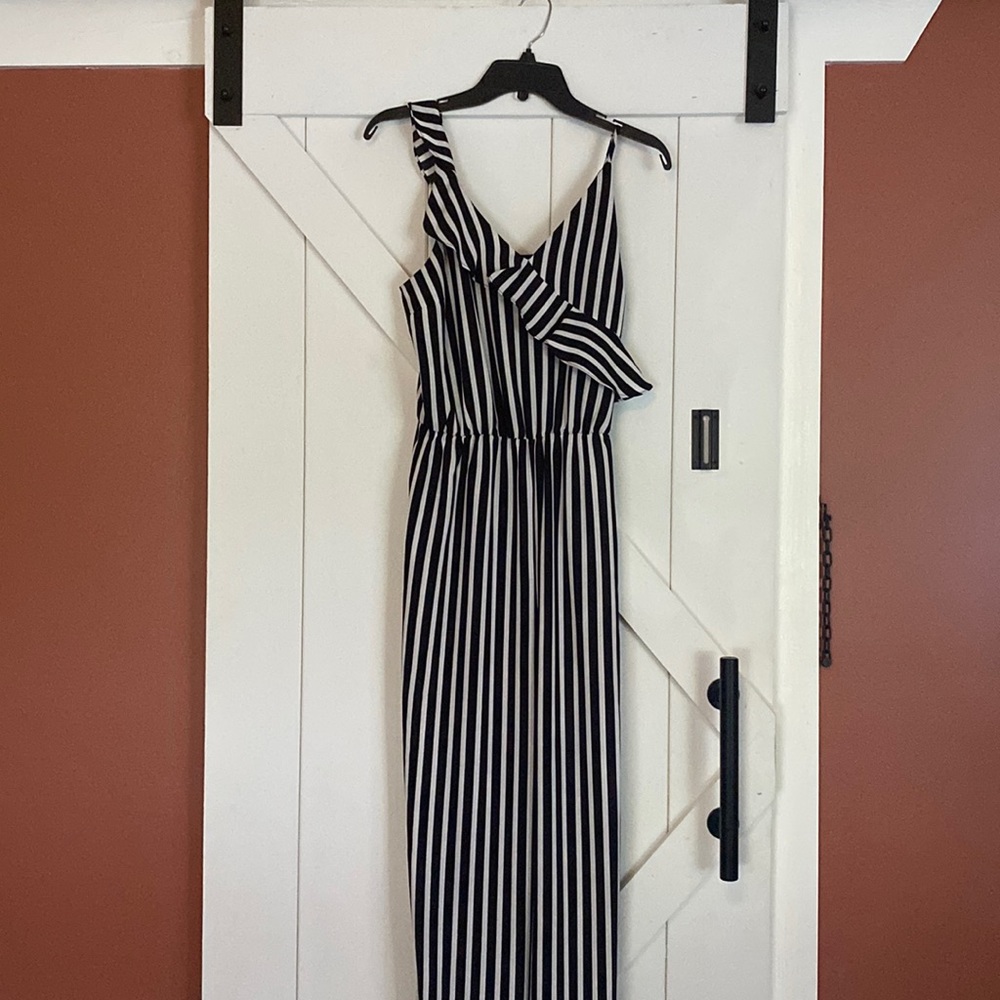 Black and white striped ruffled silky jumpsuit